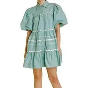 Aureum Tea Time Puff Sleeve Babydoll Mini Shirt Dress Blue Women's Size Medium